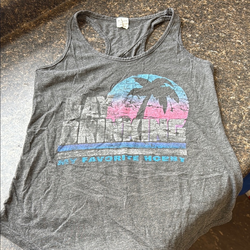 Day Drinking Gray Graphic Tank Top with Palm Tree Design